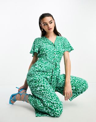 Whistles leopard shirred jumpsuit in green - ASOS Price Checker