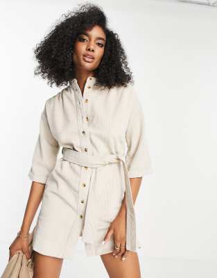 Whistles cotton belted corduroy mini shirt dress in cream - CREAM-White