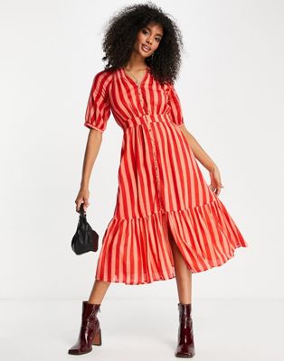 Whistles cotton v-neck maxi shirt dress in candy red stripe - ASOS Price Checker
