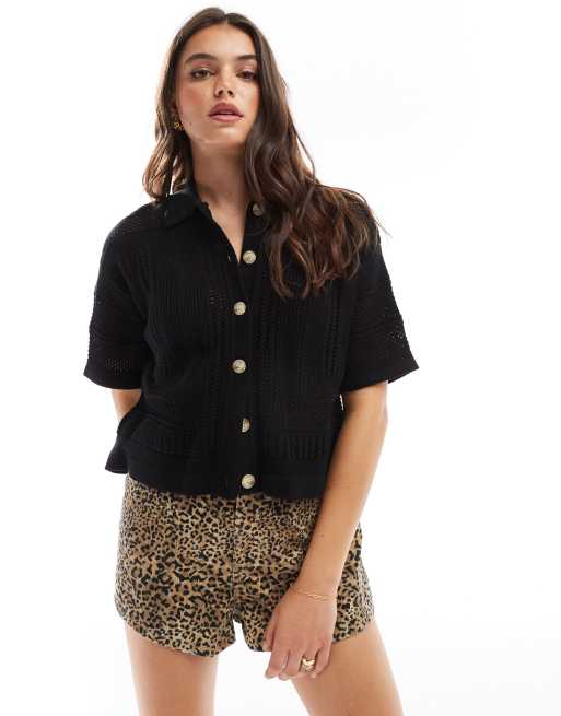 Whistles crochet detail knitted shirt in black 