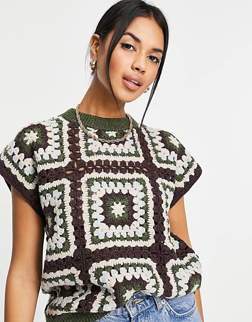 Whistles crochet sleeveless jumper in green and maroon