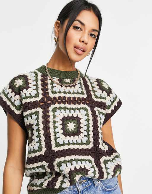 Whistles crochet sleeveless jumper in green and maroon ASOS