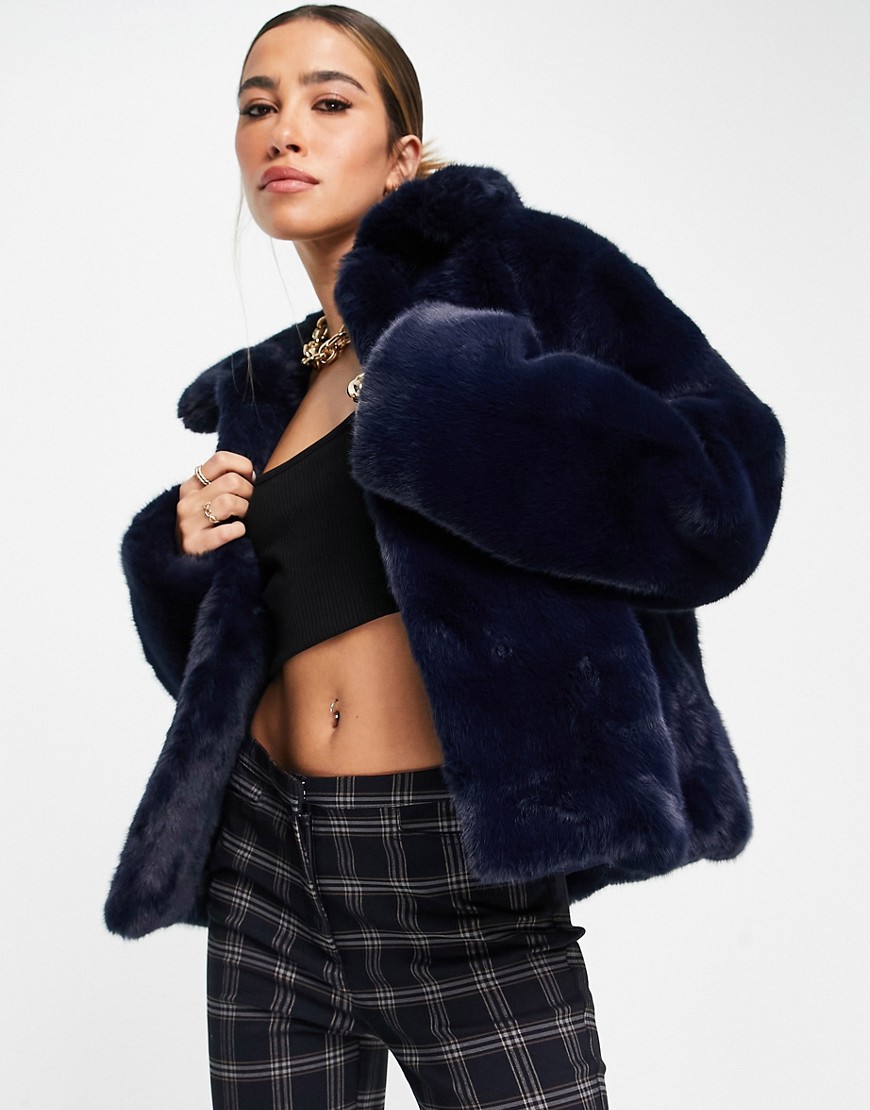 Whistles cropped faux fur jacket with collar in navy