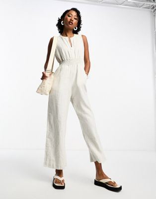 Whistles cropped linen jumpsuit with v neck in ivory