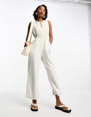 Whistles Whistles cropped linen jumpsuit with v neck in ivory-White