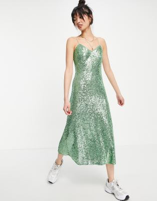 Whistles dagma sequin slip dress in green | ASOS