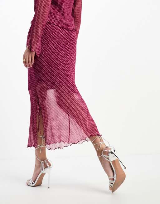 Whistles dainty net tie detail midi skirt in dark pink Part of a set