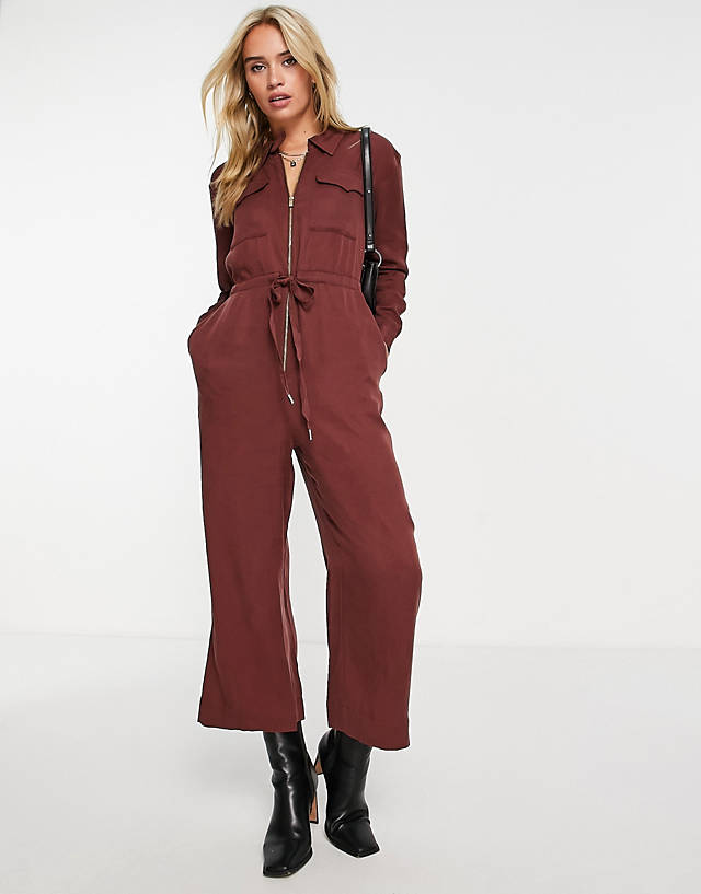 Whistles - danny zip front jumpsuit in brown