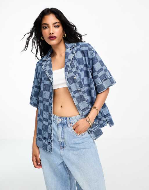 Whistles denim checkerboard bowling shirt in blue