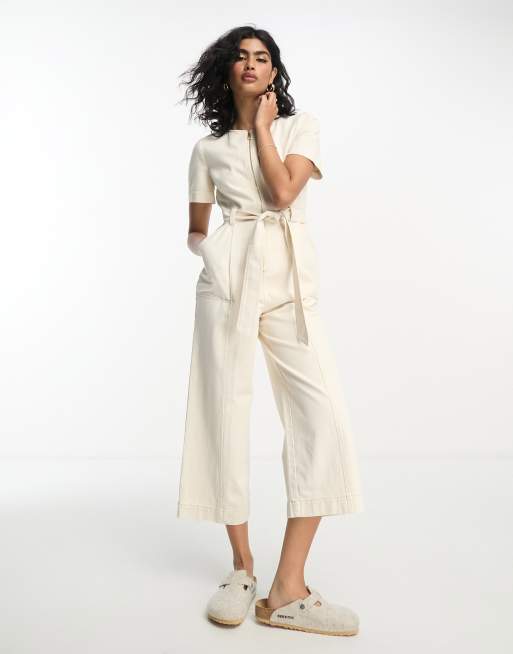 Whistles - Denim jumpsuit met korte mouwen en gestrikte taille in ivoorwit