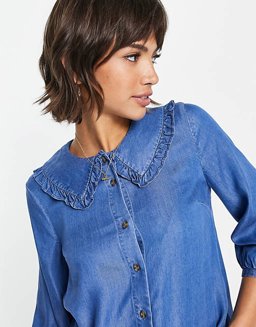  Shirts & Blouses/Whistles denim shirt with frilled hem peter pan collar in blue 
