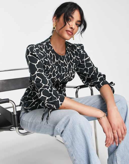 Whistles – Djurmönstrad smockad blus i bomull - BLACK
