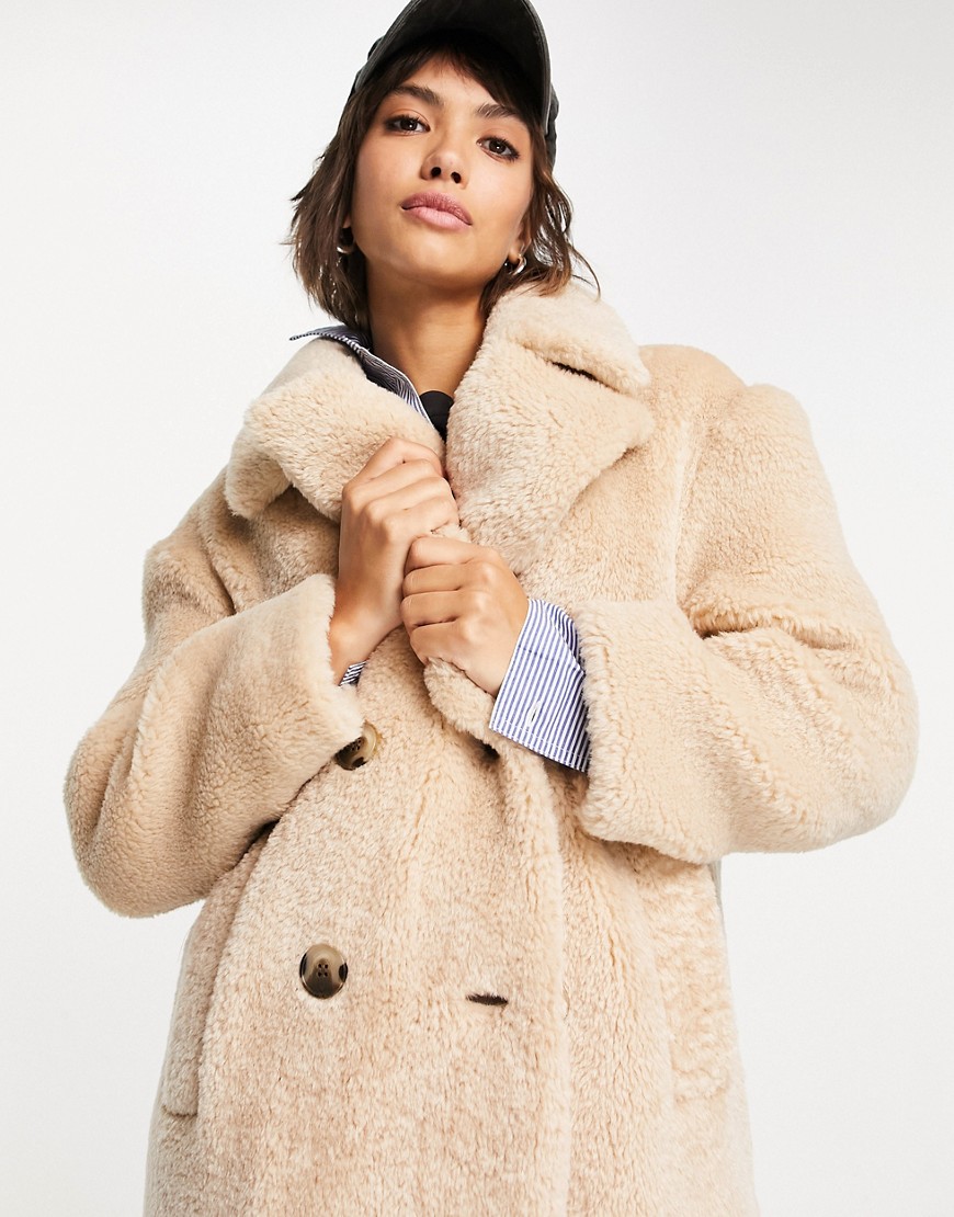 Whistles double breasted teddy coat in cream-White