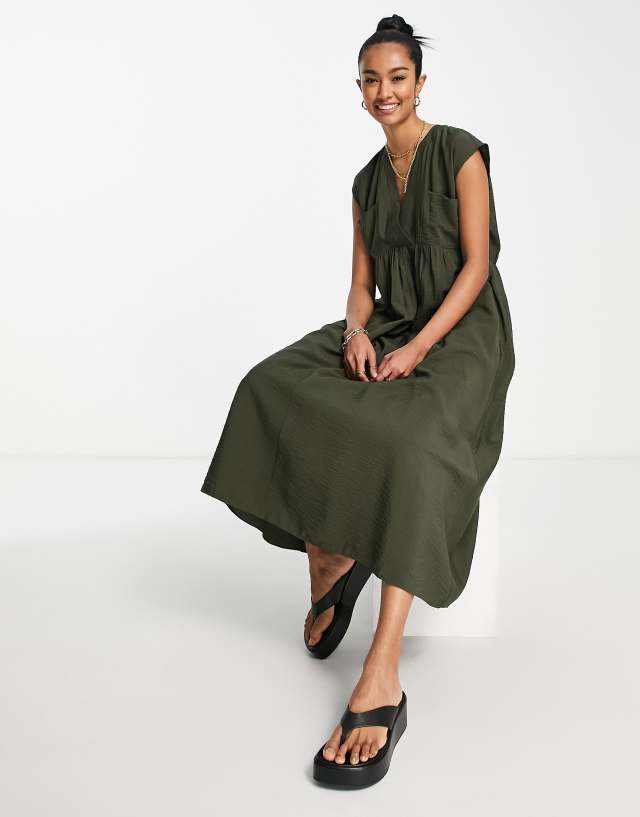 Whistles - easy midi smock dress with v front in khaki