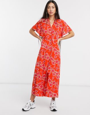 red button through dress