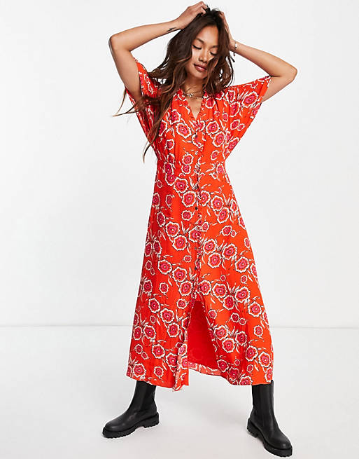Whistles Ella floral midi dress in red tea dress in red
