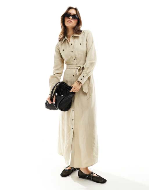 Whistles Estella button front shirt maxi dress in beige