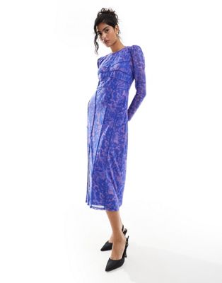 Whistles etched bouquet mesh midi dress in cobalt and lilac