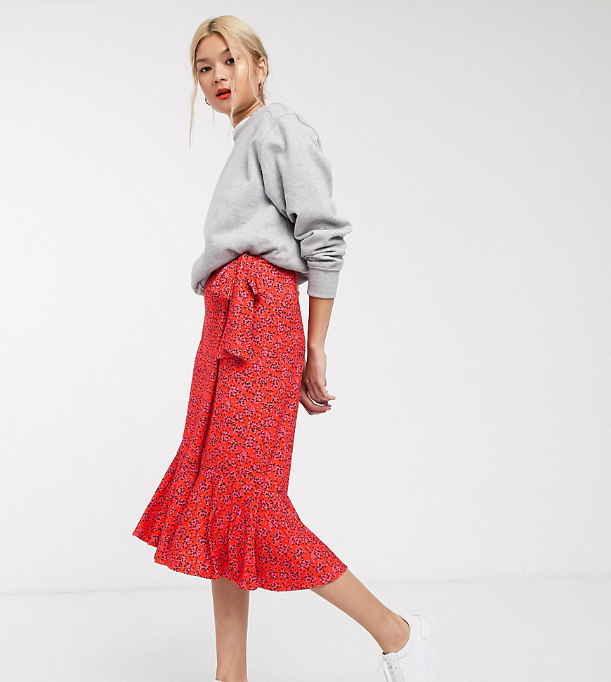 Whistles exclusive brushed stroke print jersey midi skirt in red & pink