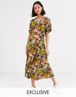 print wrap midi dress