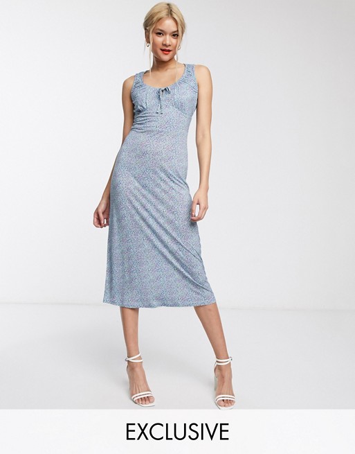 Whistles exclusive ruched front jersey midi dress in blue ditsy print