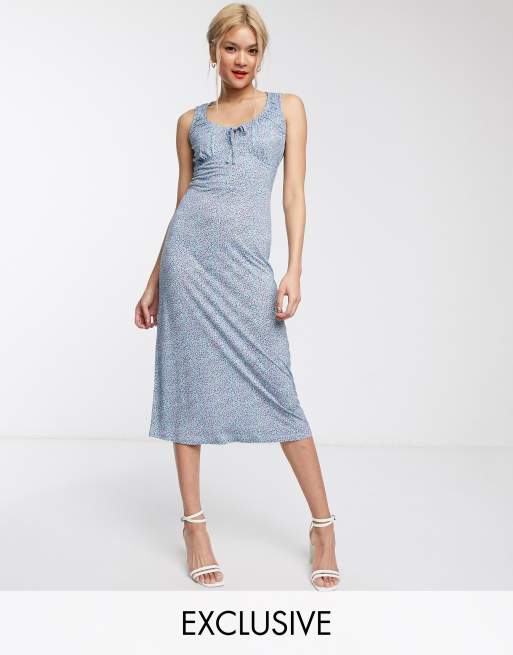 Whistles exclusive ruched front ditsy floral print jersey midi dress in