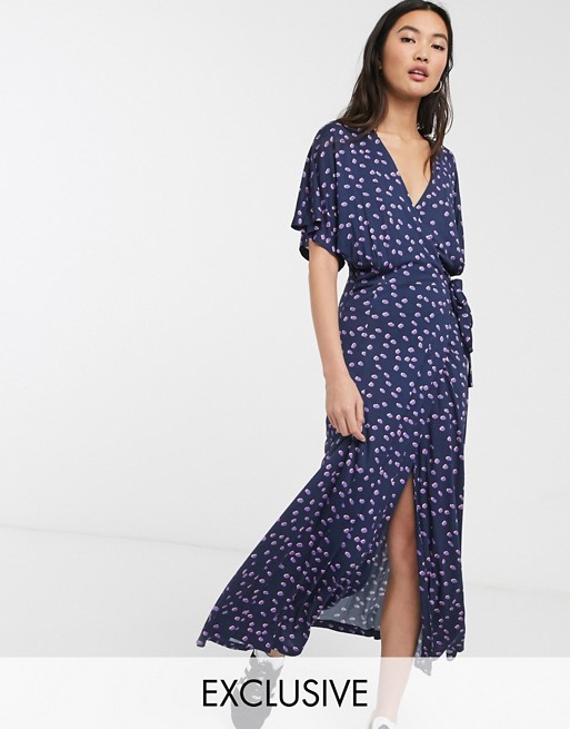 Whistles exclusive wrap jersey midi dress in shadow spot print in navy