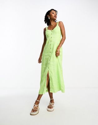 Whistles faint checkerboard print button up midi dress in light green