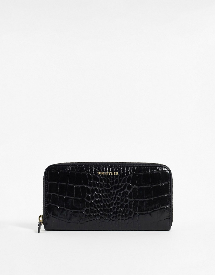 whistles faux croc zip up purse in black