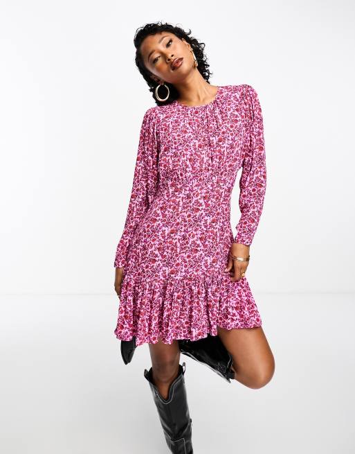 Whistles floral floaty long sleeve mini dress in pink | ASOS