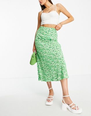 Whistles floral print bias cut midi skirt in green
