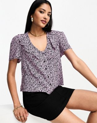 Whistles floral print frill neckline blouse in pink multi - ASOS Price Checker