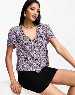 Whistles floral print frill neckline blouse in pink multi