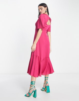 Whistles flutter sleeve midi dress in hot pink hammered satin