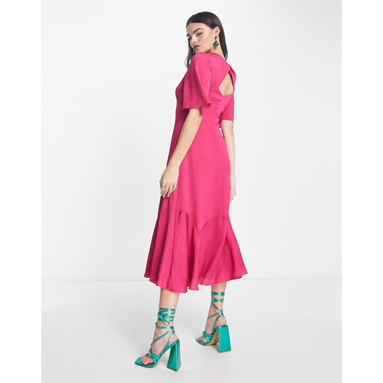 Whistles flutter sleeve midi dress in hot pink hammered satin