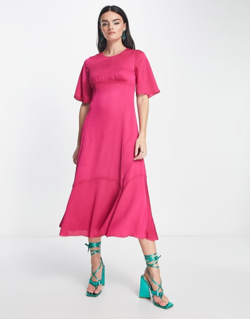 Whistles flutter sleeve midi dress in hot pink hammered satin