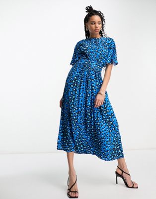 Whistles flutter sleeve midi dress in midnght leopard print-Blue