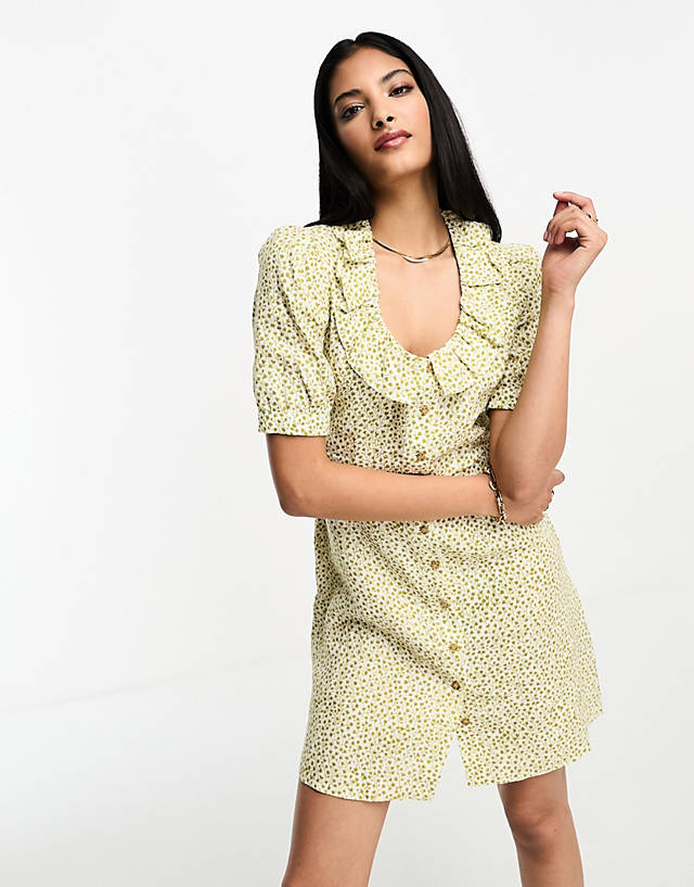 Whistles - frill detail floral print linen dress in yellow
