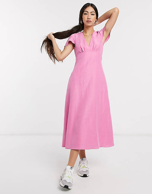 Designer Brands Whistles frill shoulder midi dress in pink 