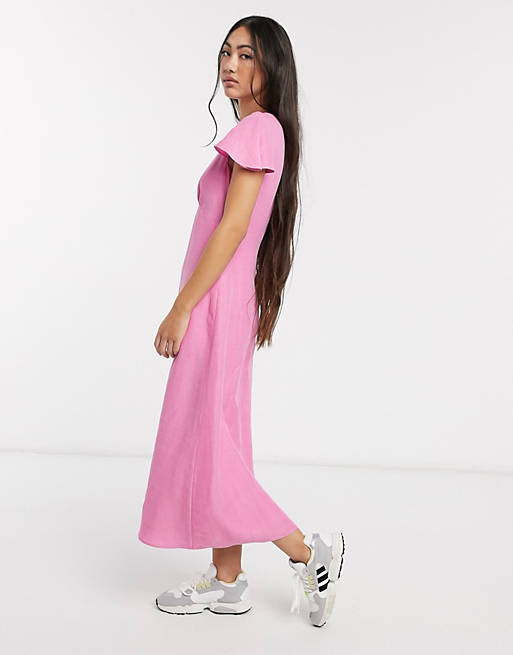 Designer Brands Whistles frill shoulder midi dress in pink 