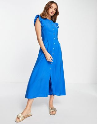 Whistles frill sleeve button down midi dress in blue