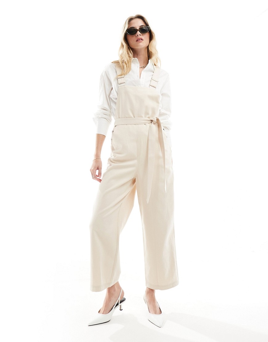 Whistles front tie dungarees in ivory-White