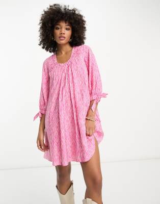 Whistles gathered neck mini smock dress in pink zebra