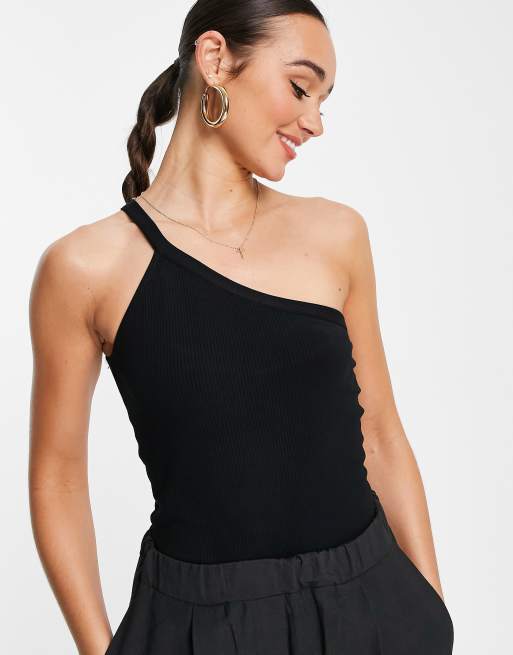 Whistles – Geripptes Trägertop in Schwarz mit One-Shoulder-Träger