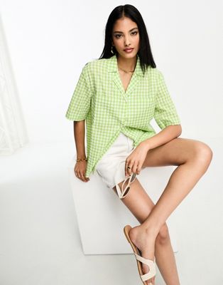 Whistles Grace gingham check bowling shirt in green - ASOS Price Checker