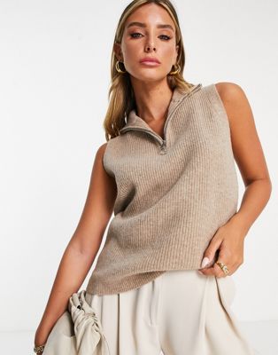 Whistles half zip knitted tank top in camel