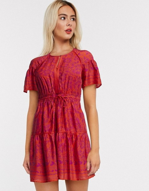 Whistles henna print tiered mini dress in red