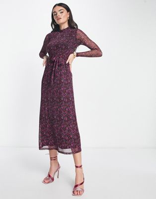 Whistles high neck midi dress with sheer sleeve in floral