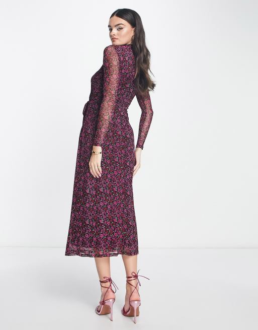 Whistles high neck midi dress with sheer sleeve in floral | ASOS