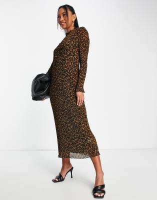 Whistles high neck plisse column dress in animal print-Brown